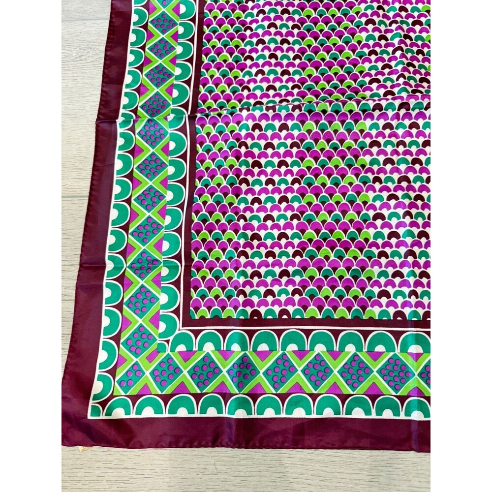 Vintage Sillook Japanese Geometric Scarf Scallop | Green and Purple | 27" Square - Picture 6 of 15
